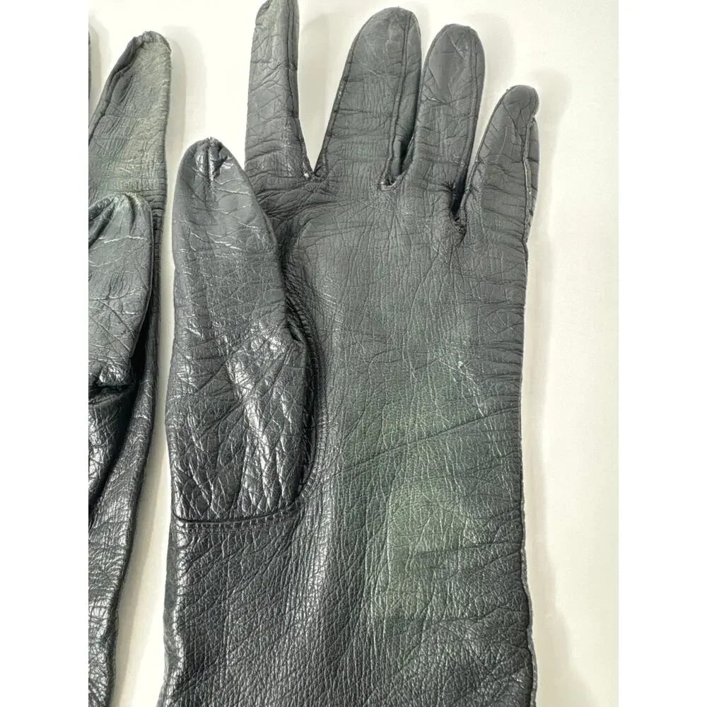 Vintage 50s–60s Alexander’s France Black Leather Silk Lining Opera Gloves size 7